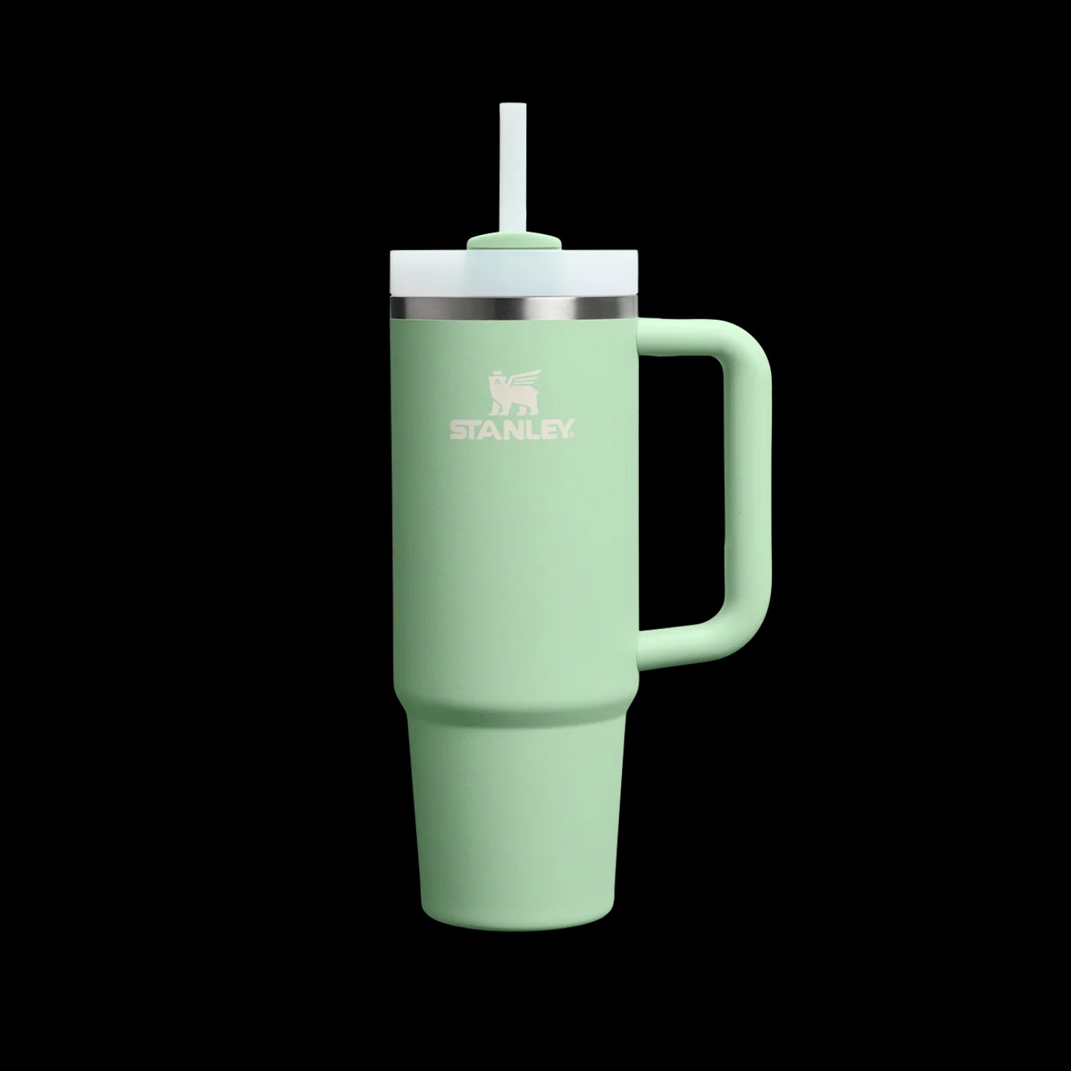 Copo Quencher Stanley 887ml em verde com isolamento térmico, ideal para manter bebidas geladas, com alça ergonômica e tampa de 3 posições.