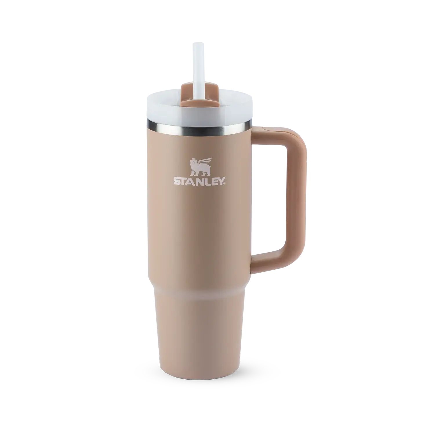 Copo Quencher Stanley 887ml com alça ergonômica e tampa multifuncional, cor neutra, mantém bebidas frias até 40 horas.