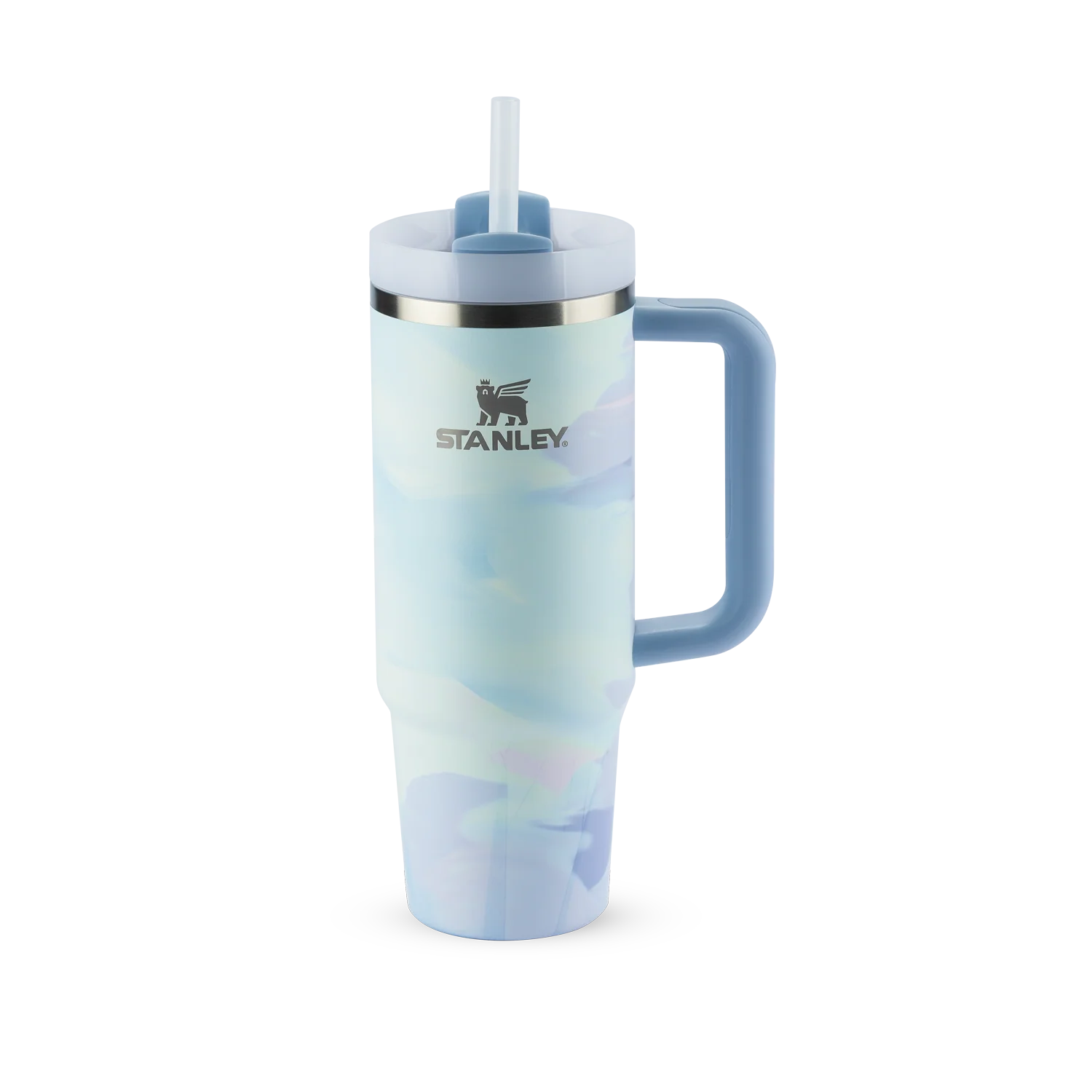 Copo Quencher Stanley 887ml azul com alça ergonômica e tampa de 3 posições.