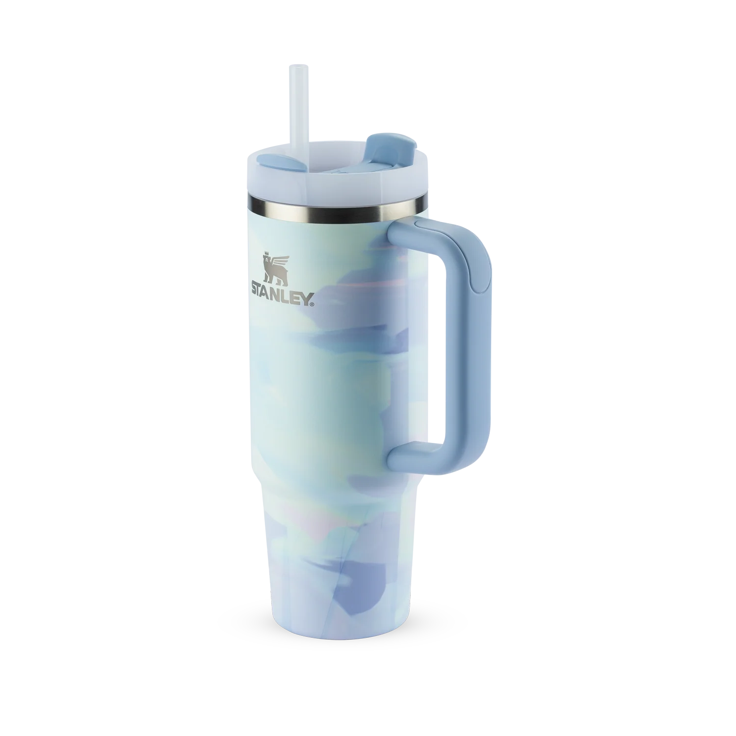Copo Quencher Stanley 887ml azul com alça ergonômica e tampa de 3 posições, ideal para manter bebidas geladas por até 40 horas.