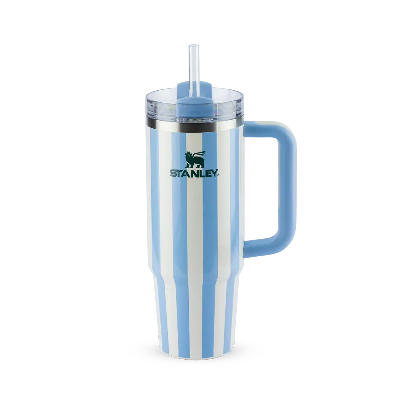 Copo Quencher Stanley 887ml em azul e branco com alça ergonômica para hidratação eficiente e moderna.