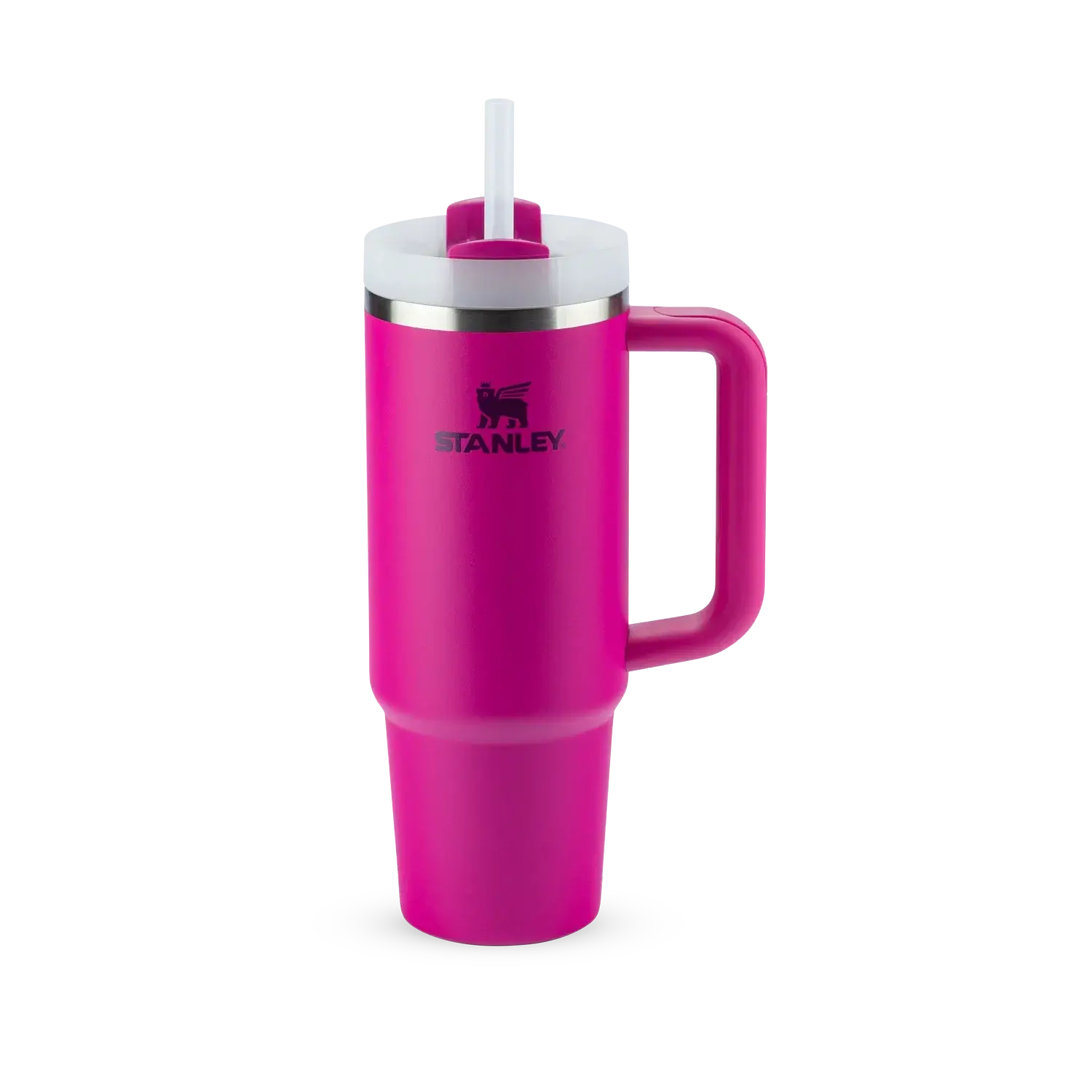 Copo Quencher Stanley 887ml rosa com alça ergonômica e tampa de 3 posições, ideal para manter bebidas geladas até 40 horas.