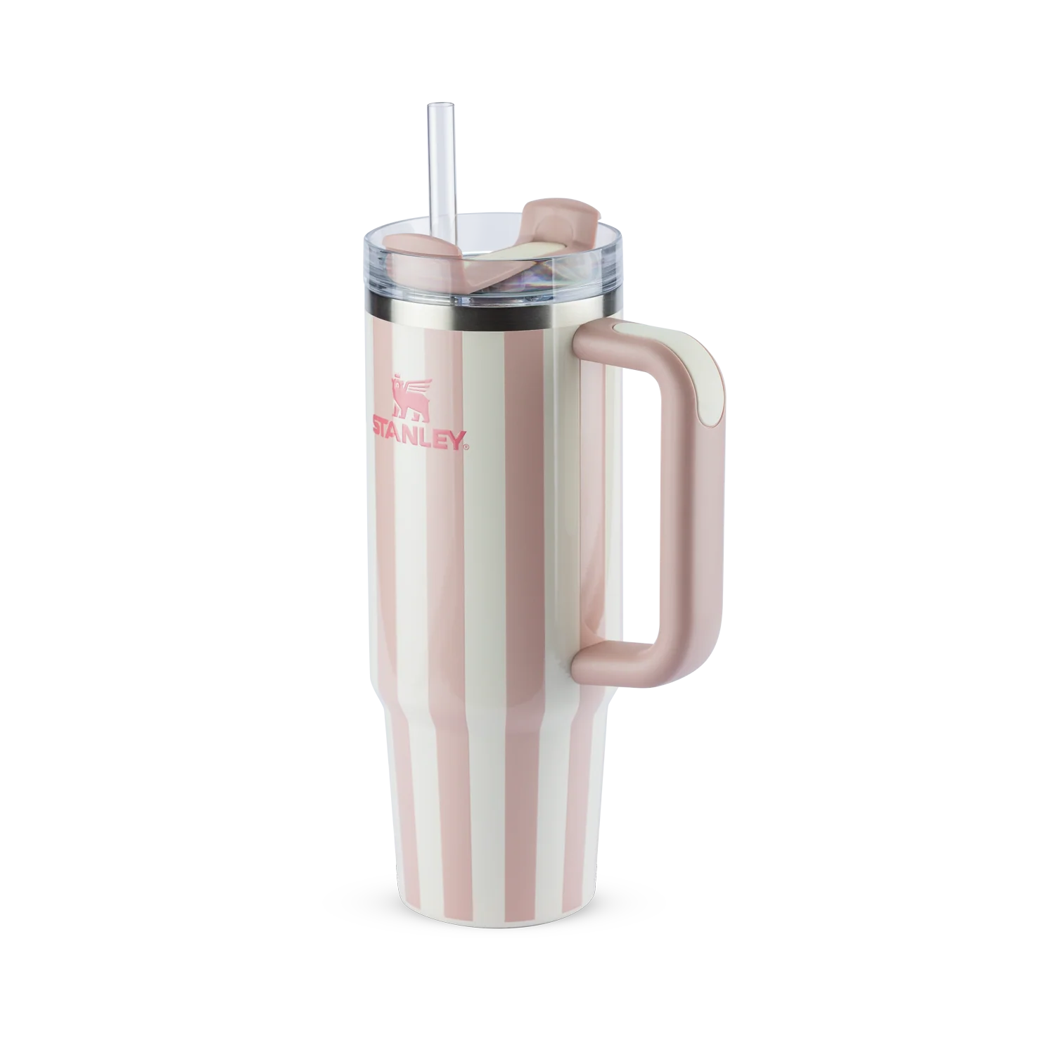 Copo Quencher Stanley 887ml em design listrado rosa, com tampa de 3 posições e alça ergonômica para hidratação eficiente.