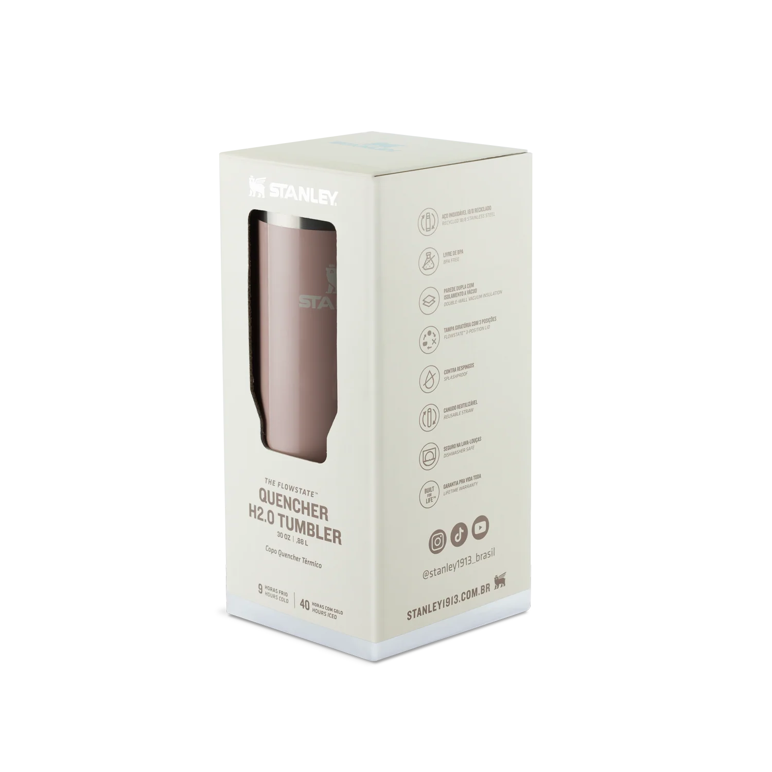 Copo Quencher Stanley 887ml em embalagem, copo térmico com isolamento a vácuo, alça ergonômica e design moderno.