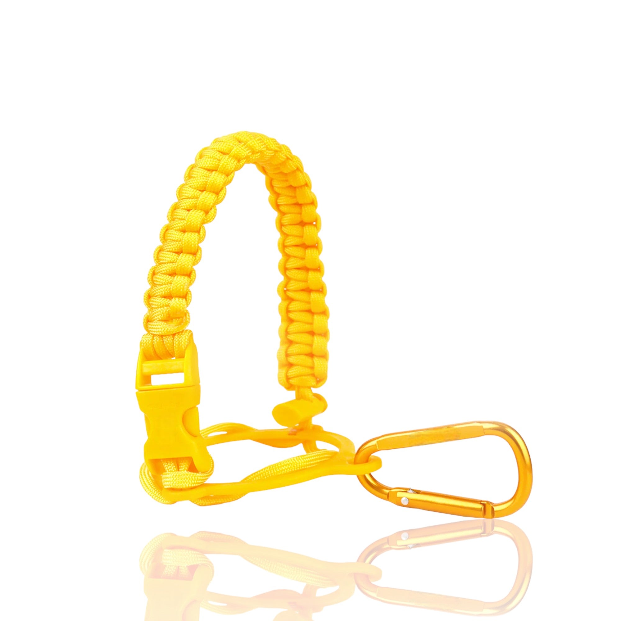 Alça de Mão amarela Paracord para garrafas térmicas com mosquetão, oferece conforto e estilo para transporte seguro.