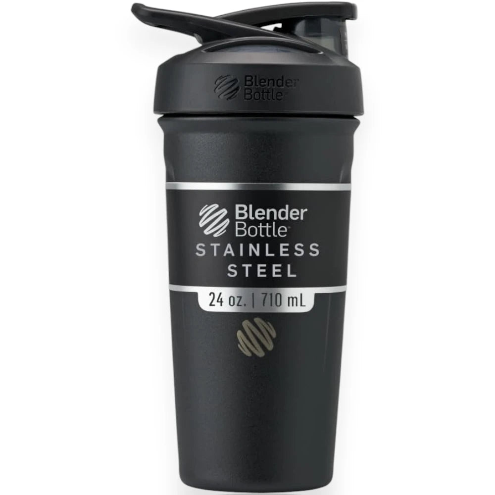 Coqueteleira Blender Bottle Strada 710ml preta em aço inoxidável com isolamento térmico, ideal para manter bebidas geladas e saborosas.