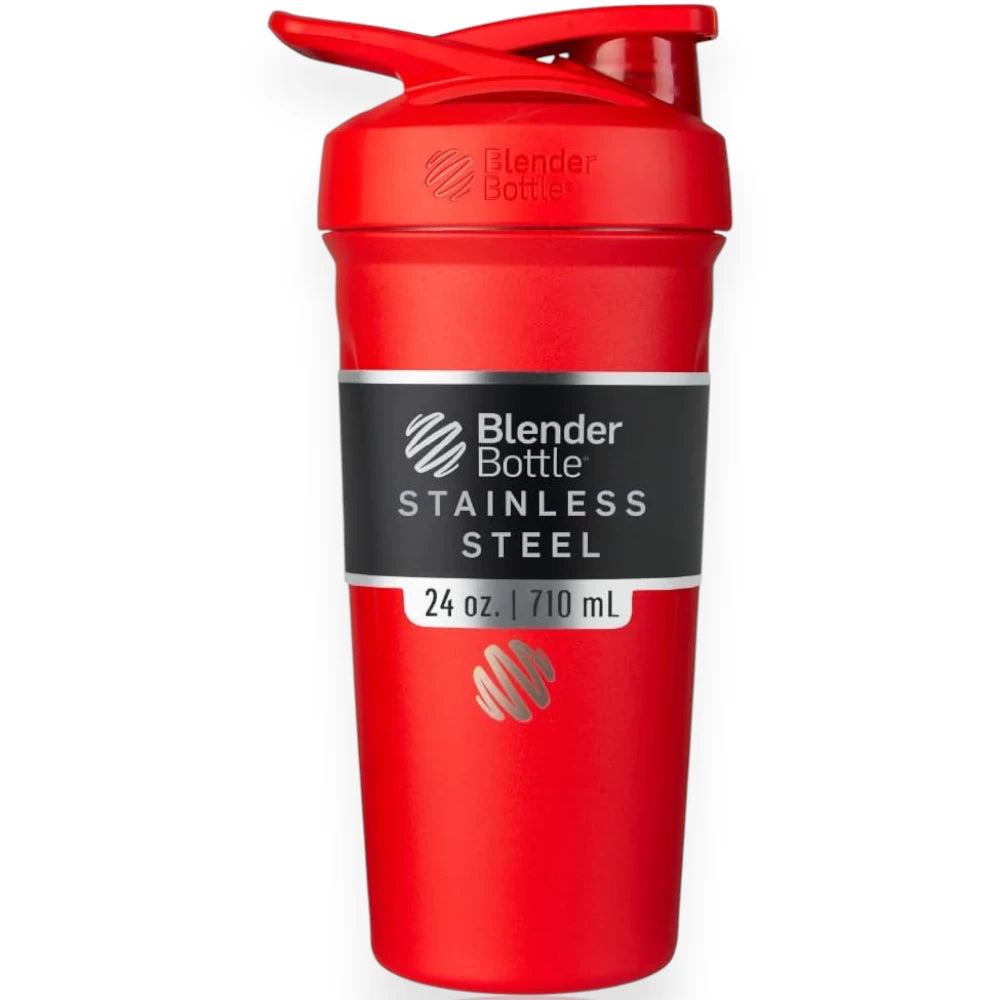 Coqueteleira Blender Bottle Strada 710ml, isolamento térmico, aço inoxidável, sem BPA, garrafa vermelha com tampa embutida.