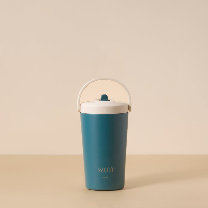 Copo Térmico PACCO SuperCup Mini 410ml em aço inoxidável com pintura em pó azul, ideal para eficiência térmica e estilo.