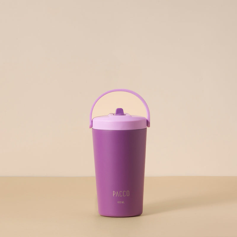 Copo Térmico PACCO SuperCup Mini 410ml em violeta, feito de aço inoxidável 18/8, com alça para transporte e acabamento resistente.