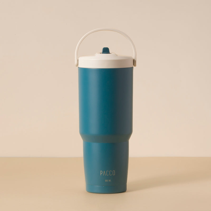 Copo Térmico PACCO SuperCup 880ml em aço inoxidável azul com design moderno, pintura resistente e tampa branca.