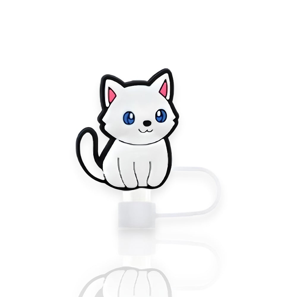 Protetor de Canudo Quencher - Gatinho com design de gato branco e olhos azuis para copo térmico, oferece higiene e estilo.