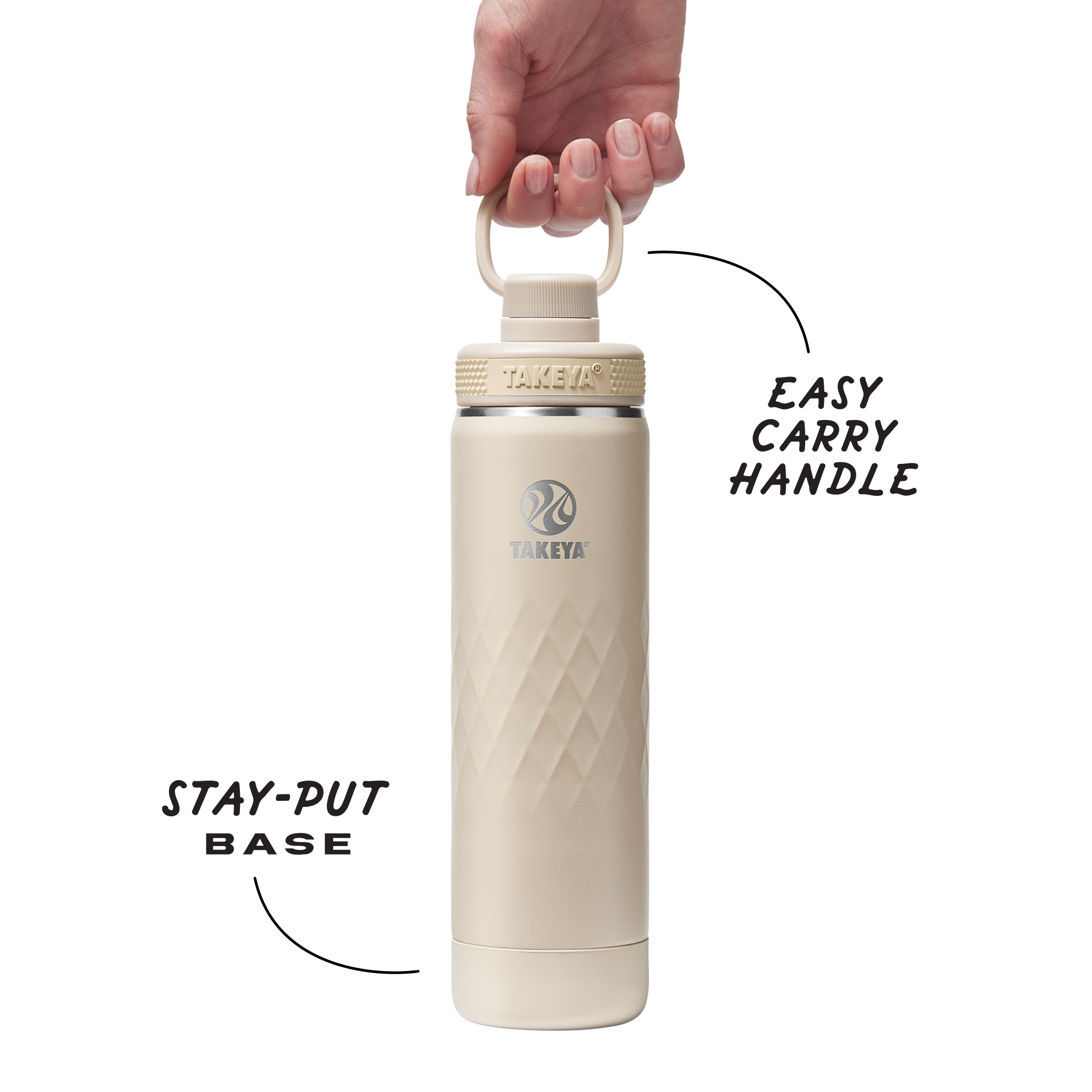 Garrafa Térmica Takeya 650ml Spout Lid Sport sendo segurada por uma mão, destacando a tampa de fácil abertura e design esportivo.