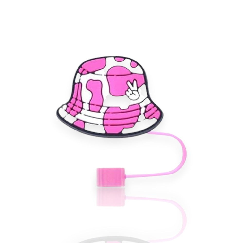 Protetor de Canudo Quencher - Pink Girl com design divertido de chapéu rosa e branco para copos térmicos Stanley e Owala.