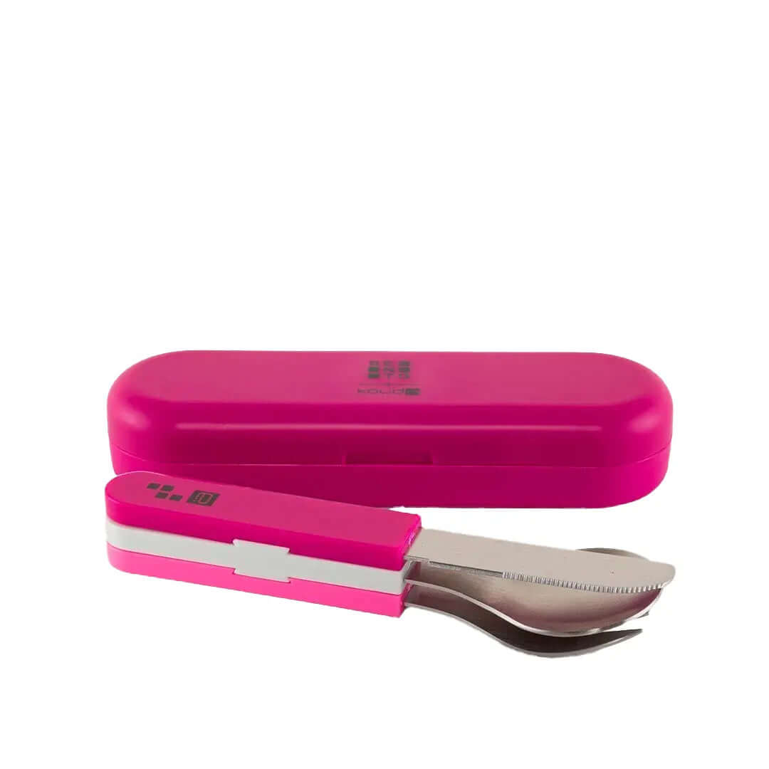 Conjunto de Talheres Bento Trio - Kouda com estojo rosa compacto e talheres de aço inoxidável.
