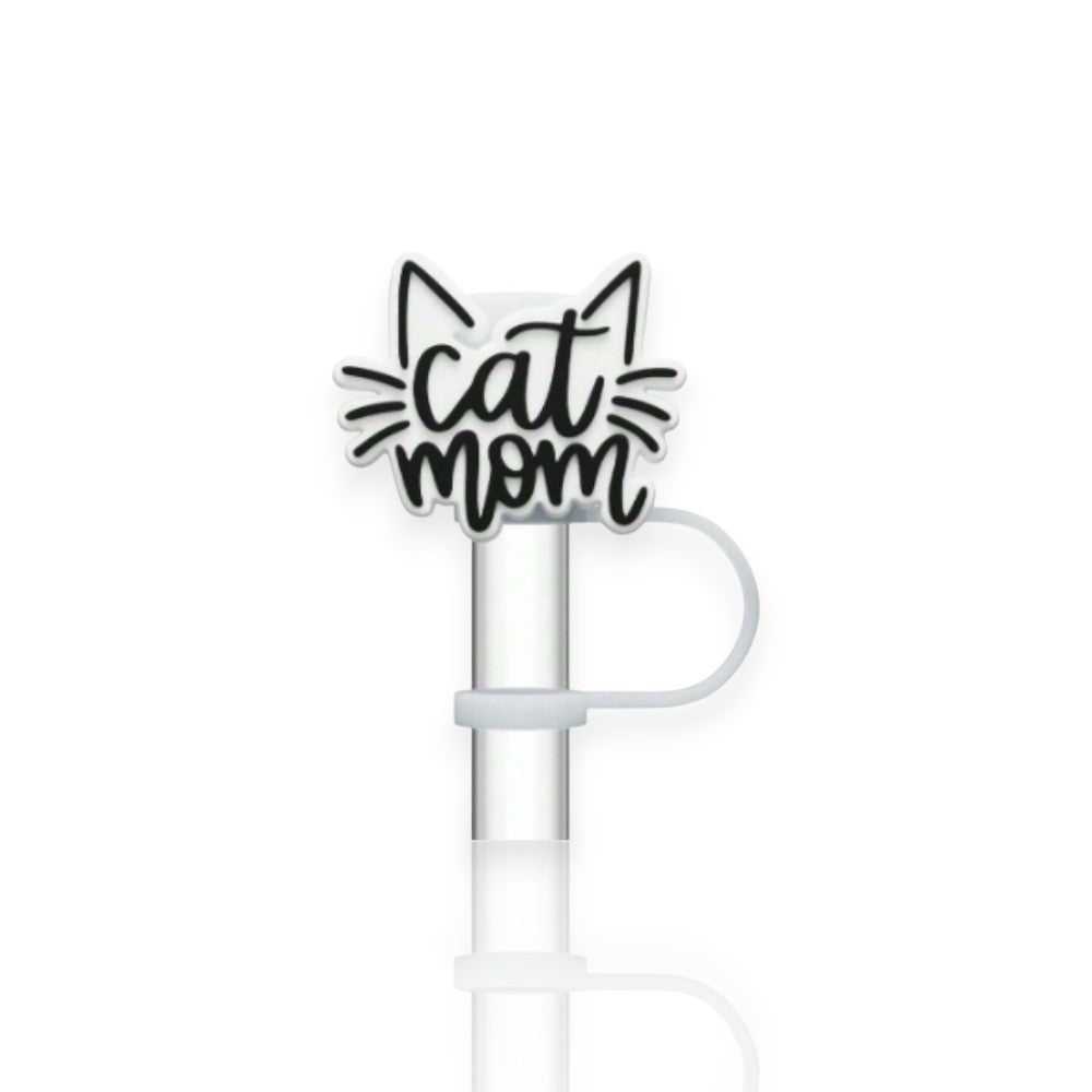 Protetor de Canudo Quencher - Gatinho com design "cat mom" em preto e branco, destacando personalidade e higiene para copos.