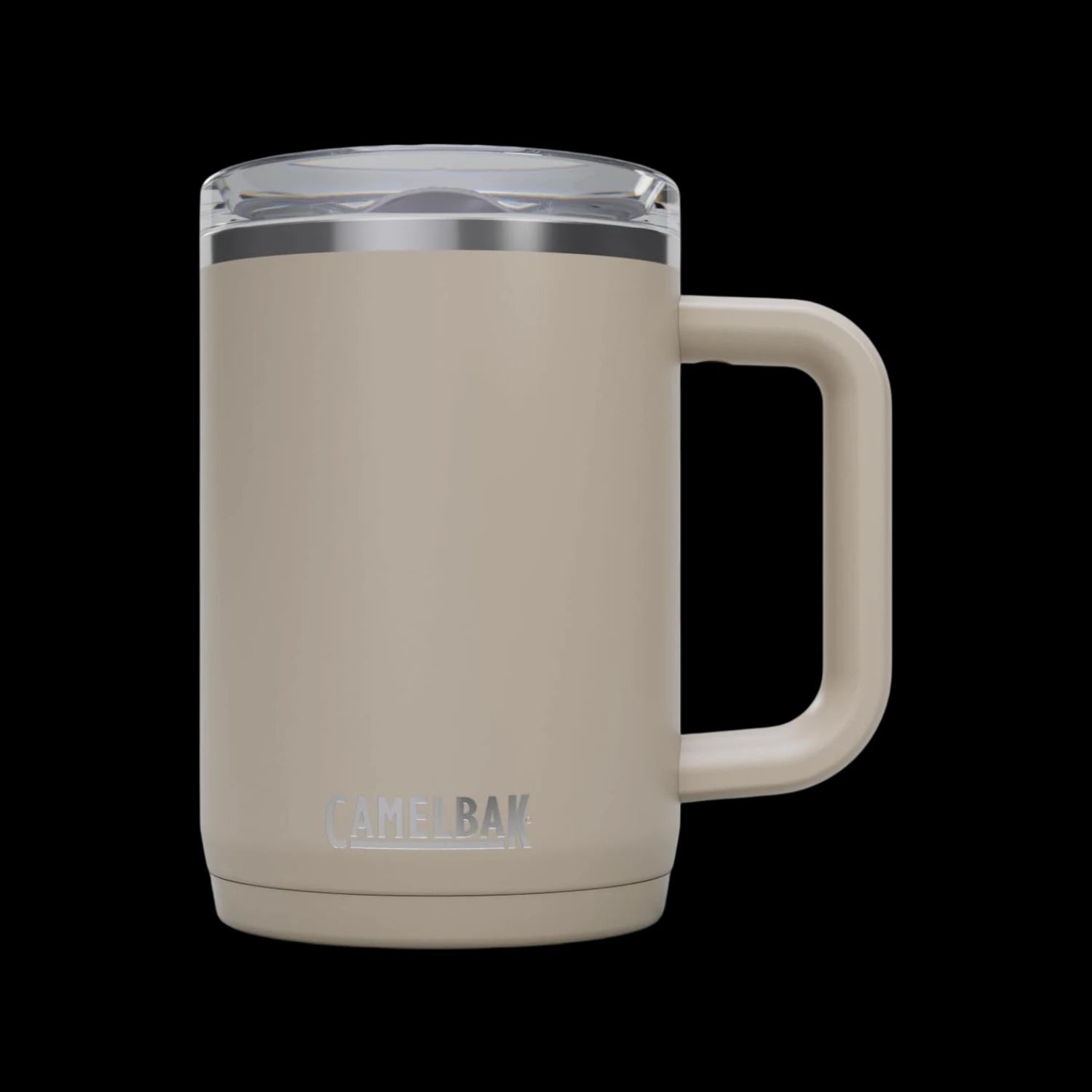 Caneca Térmica Thrive Camelbak 470ml em bege com tampa à prova de vazamentos, ideal para bebidas quentes e frias.