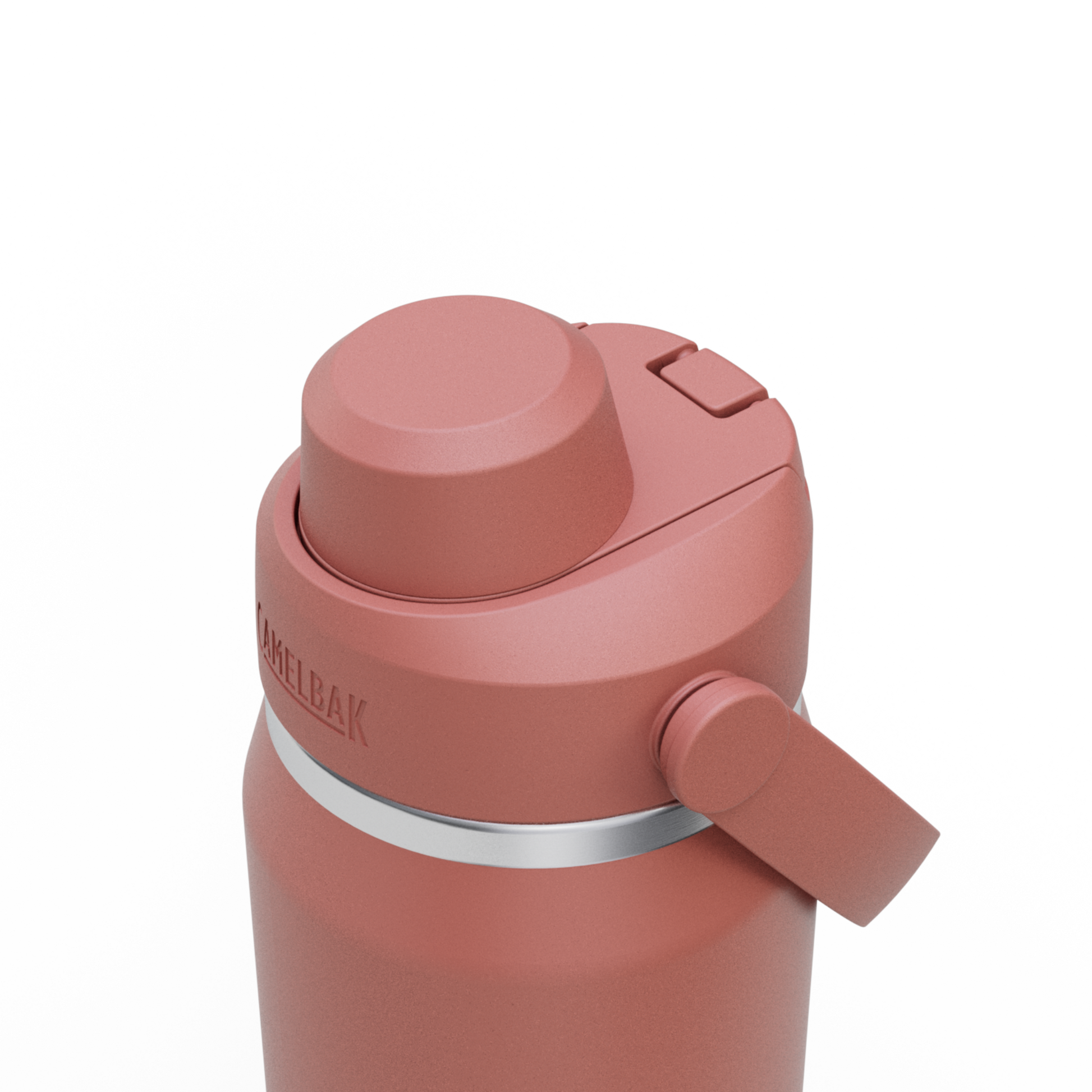 Garrafa Térmica Camelbak Thrive 740ml em tom rosa, destacando o bico e botão de fechamento.