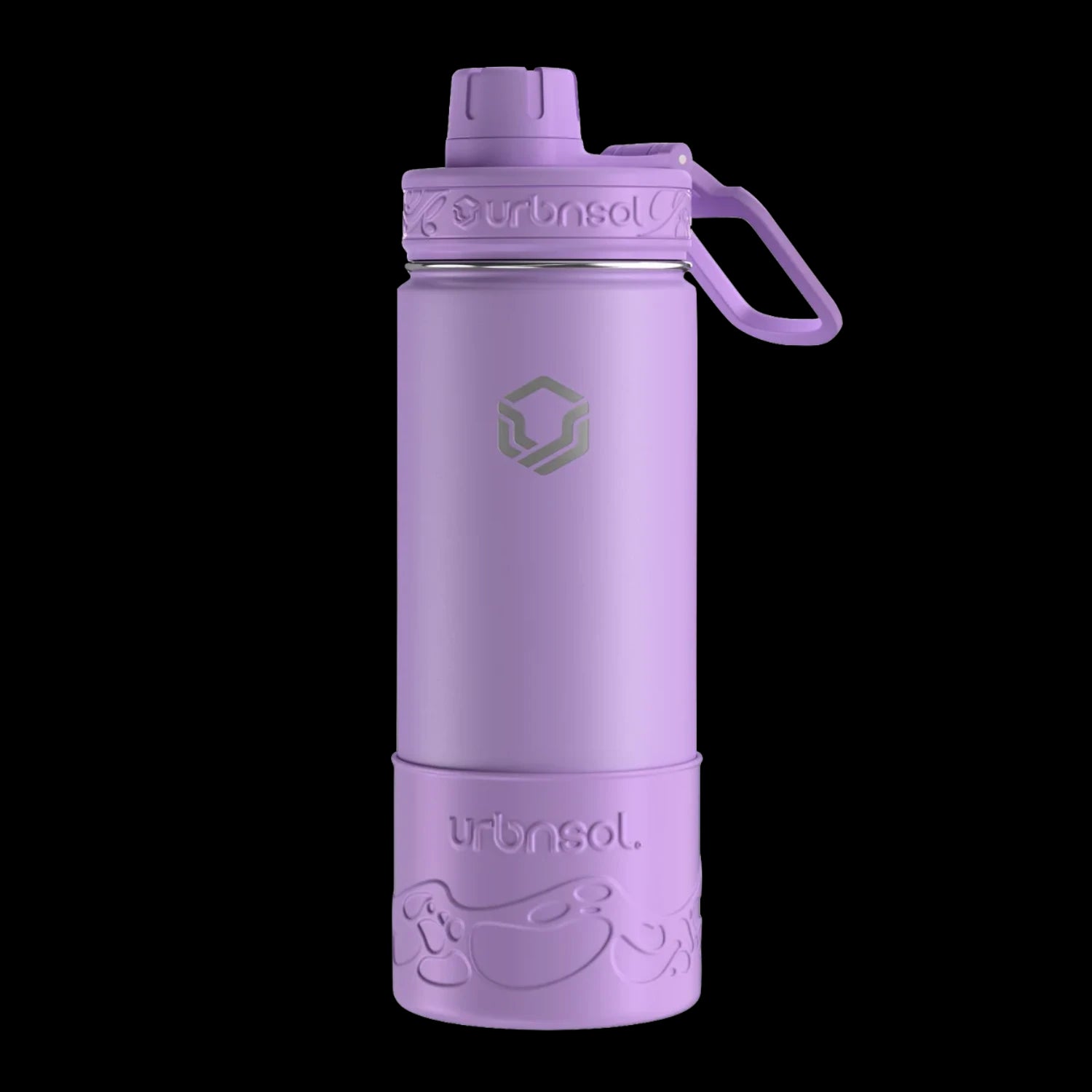 Garrafa Térmica Urbnsol Tradicional - 532ml em roxo, com protetor de silicone, mantendo a temperatura por 12h quente e 24h fria.