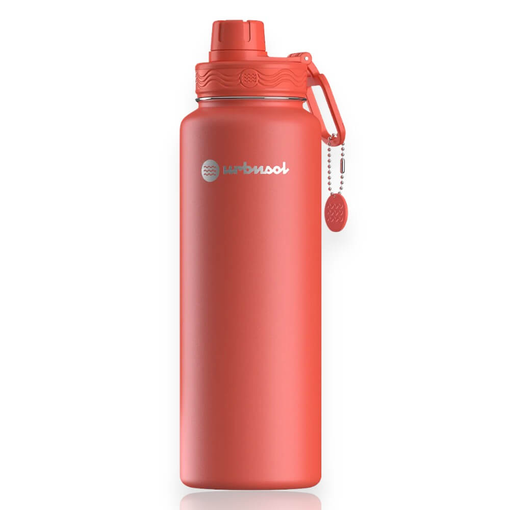 Garrafa Térmica Urbnsol 1,18L - Core e Waves em aço inoxidável, ideal para manter bebidas quentes por 12h ou frias por 24h.