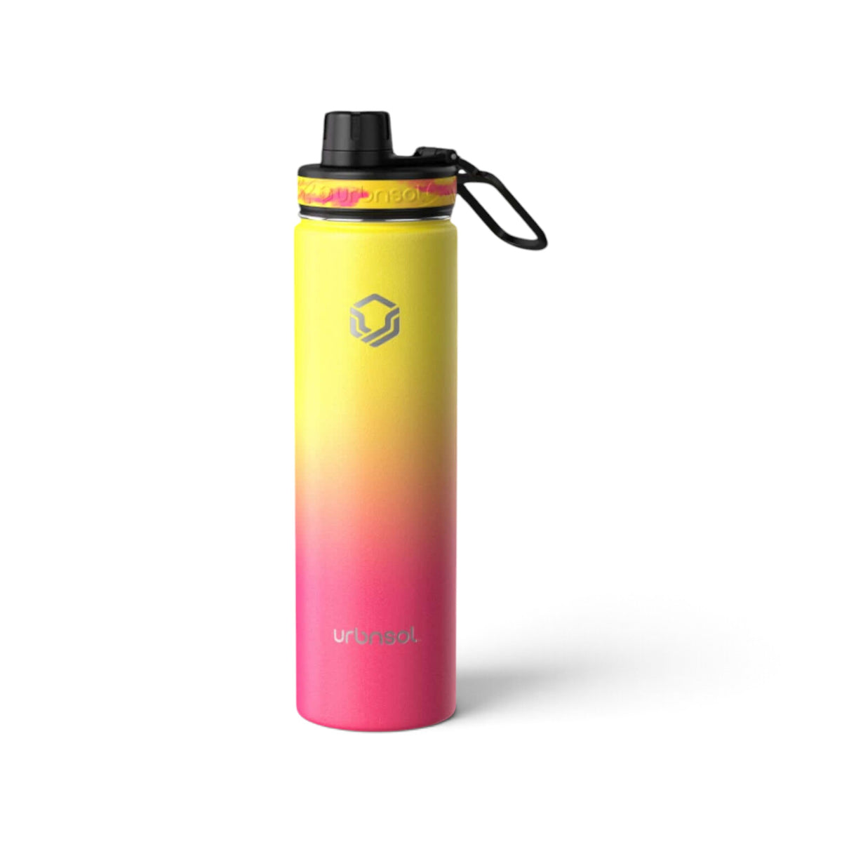 Garrafa Térmica Urbnsol 650 ml Tradicional Amarelo degradê rosa, vista frontal com tampa fechada, foto 11 de 35