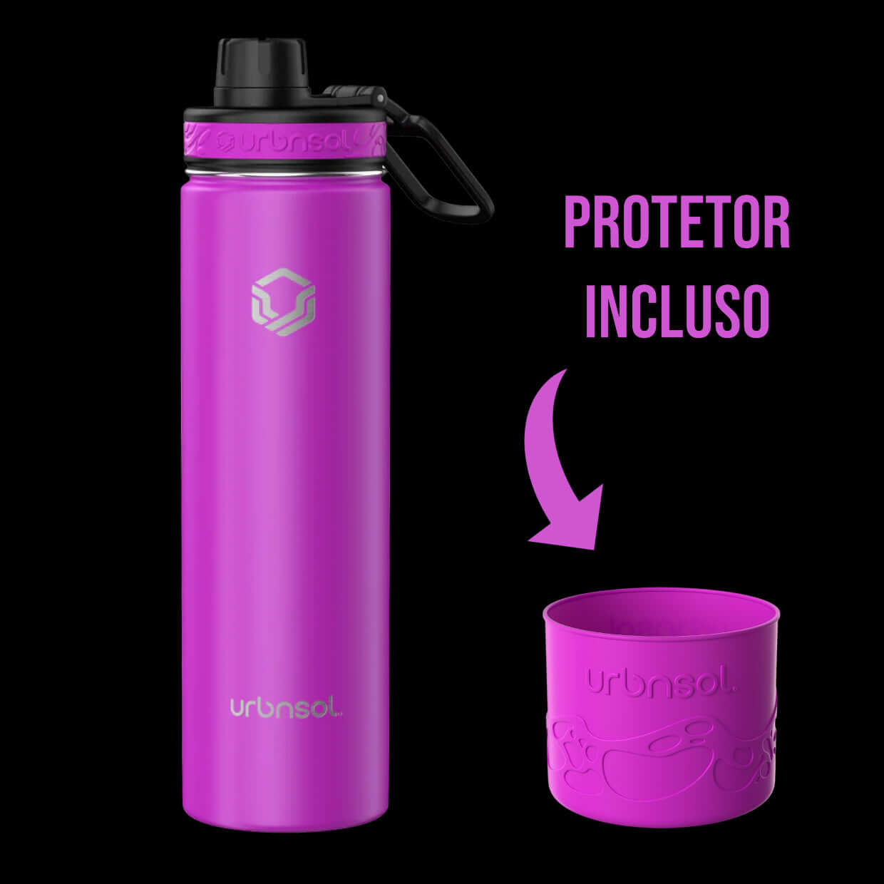 Garrafa Térmica Urbnsol 650ml - Tradicional com design moderno em roxo, protetor incluso, mantém bebidas quentes por 12h e frias por 24h.