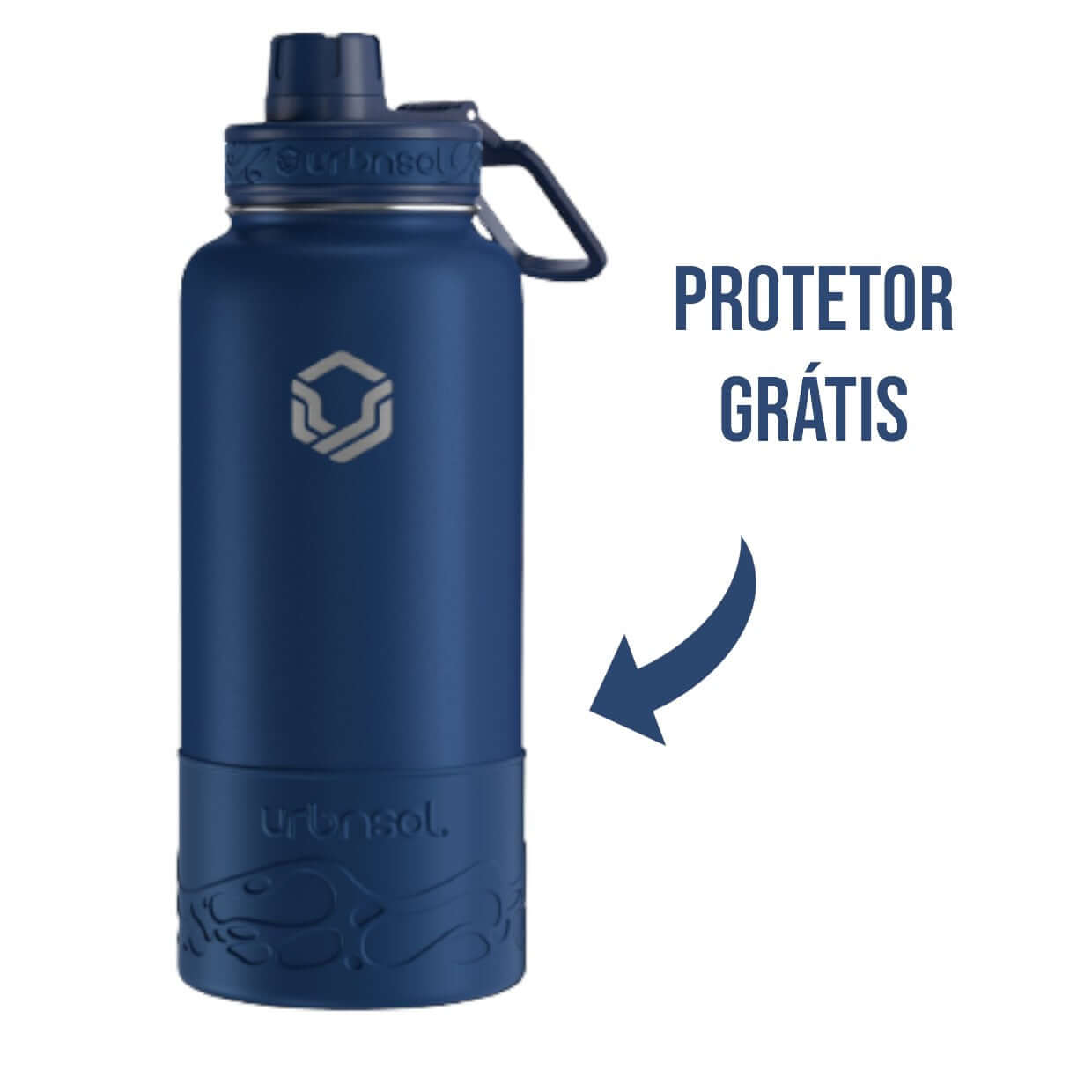 Garrafa Térmica Urbnsol 946ml - Tradicional, azul com protetor grátis, mantém bebidas quentes e frias, fabricada em aço inoxidável.