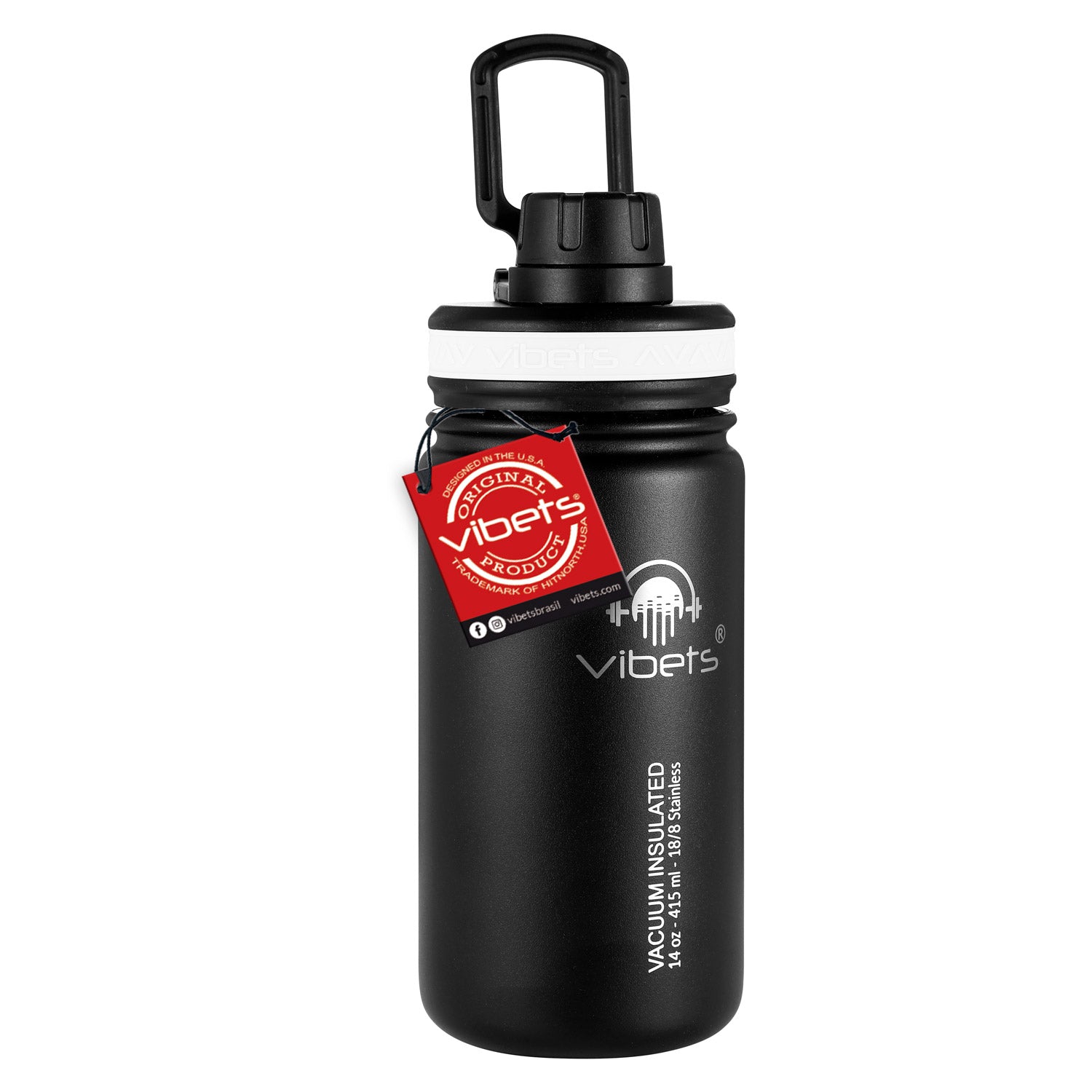 Garrafa Térmica Vibets Kids 415ml - Loop com isolamento superior e design anti-suor, foto de garrafa preta com alça prática.