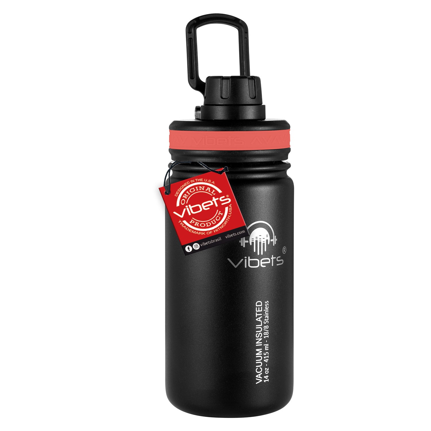 Garrafa Térmica Vibets Kids 415ml - Loop preta com isolamento térmico superior e design anti-suor, ideal para manter bebidas quentes ou frias.