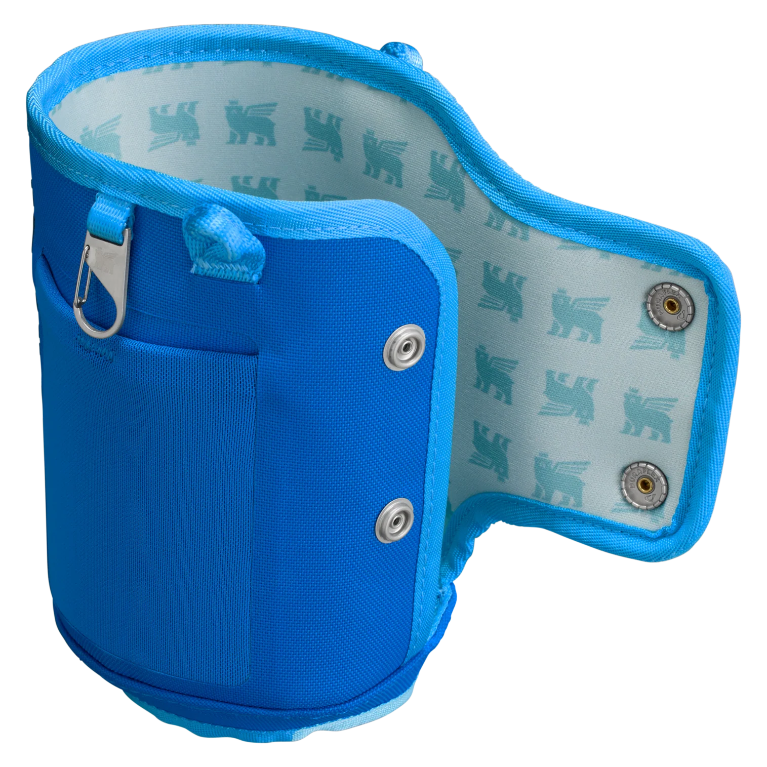 Bolsa para Copo Quencher Stanley - Carry All 1,18L em azul vibrante, fecho de botões, padrão de urso alado e bolso extra para utilidade.
