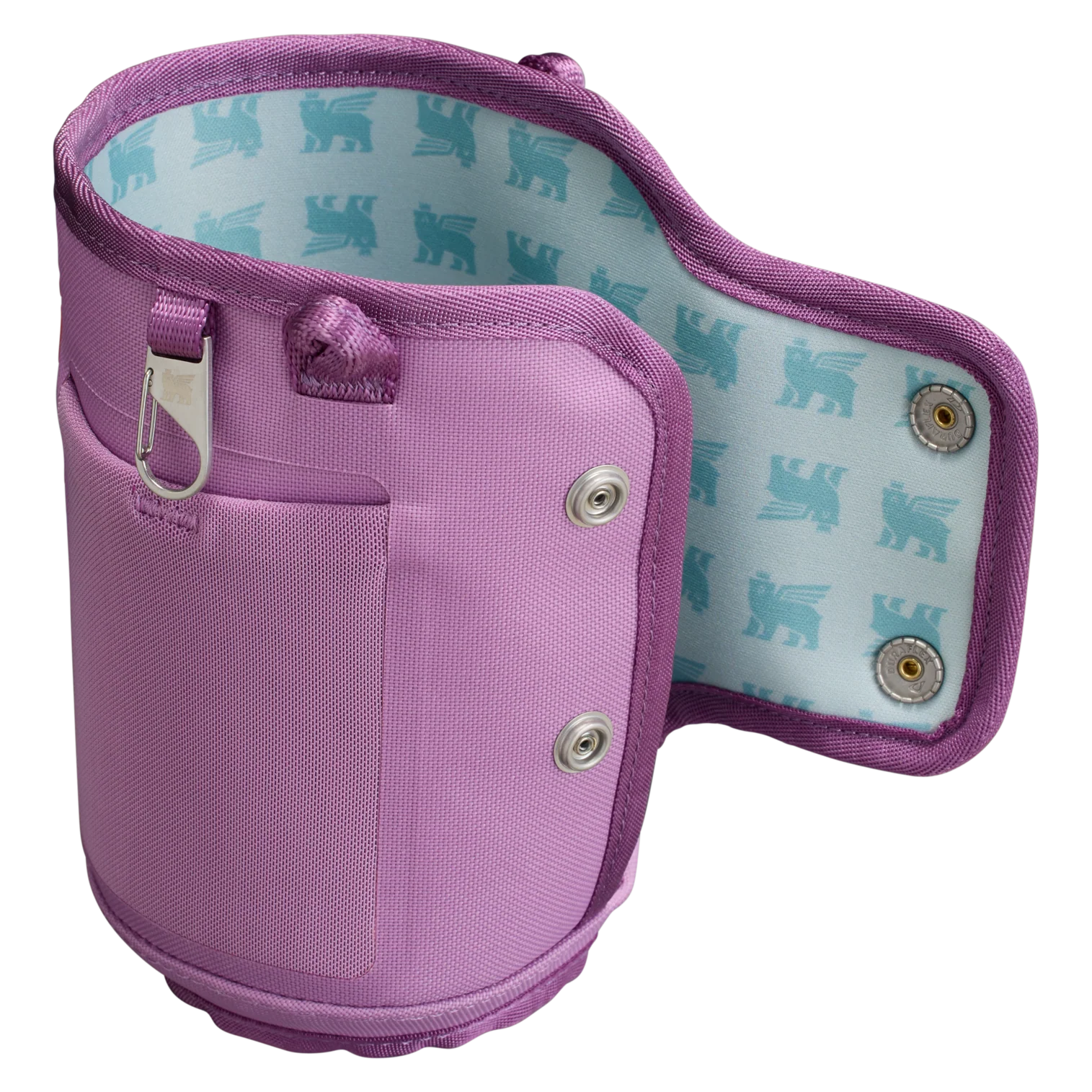 Bolsa para Copo Quencher Stanley - Carry All 1,18L roxa com bolso e forro estampado de urso alado, feita de poliéster reciclado.