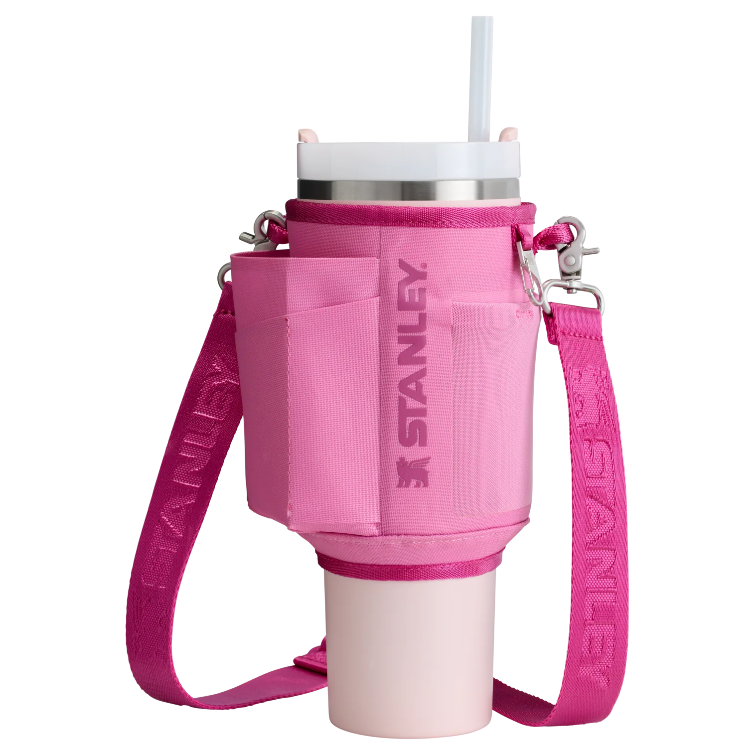 Bolsa para Copo Quencher Stanley - Carry All 1,18L em poliéster reciclado rosa com alça e bolsos para hidratação prática.