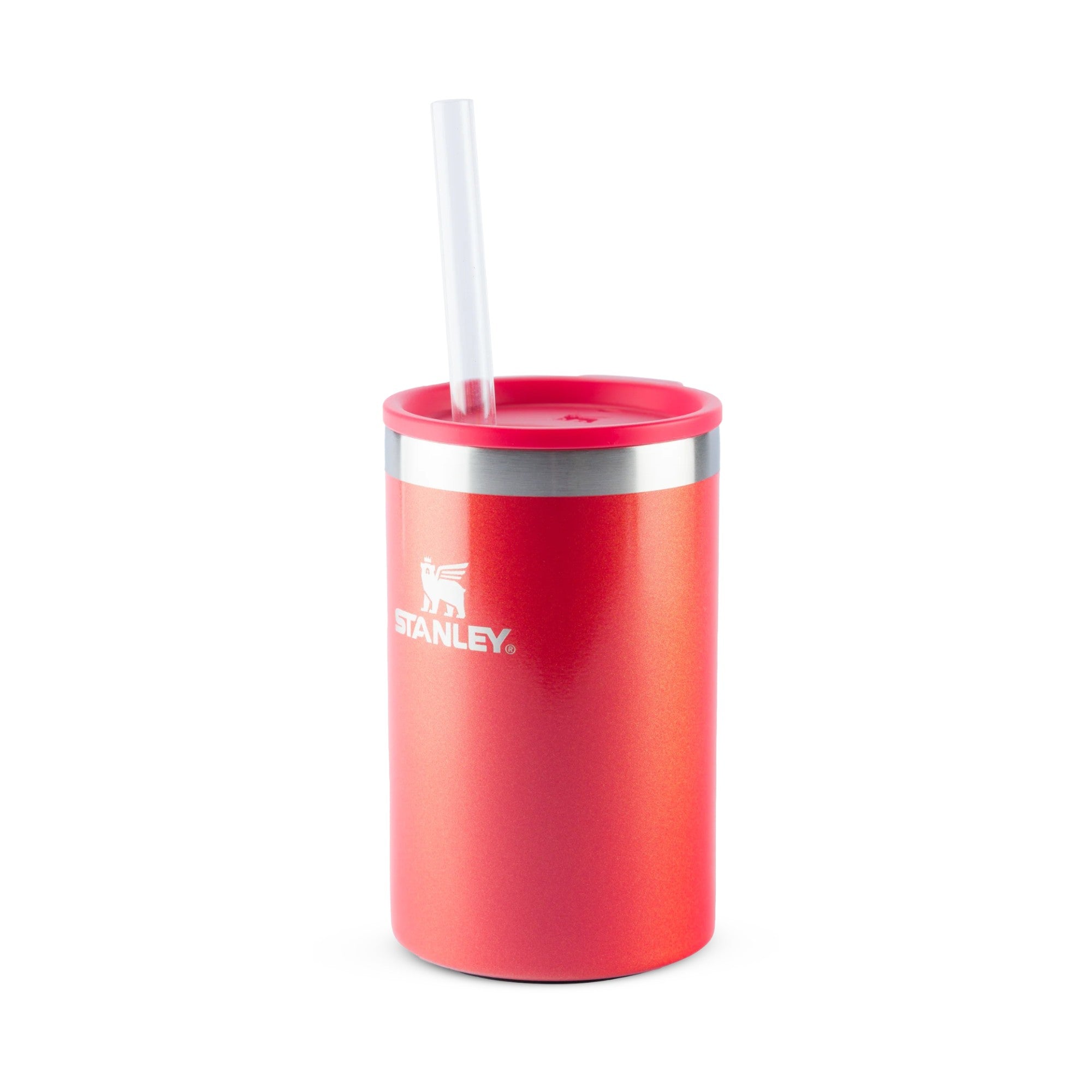Can Cooler com canudo Stanley | 296ML em cor vermelha, feito de aço inoxidável, com canudo e tampa.