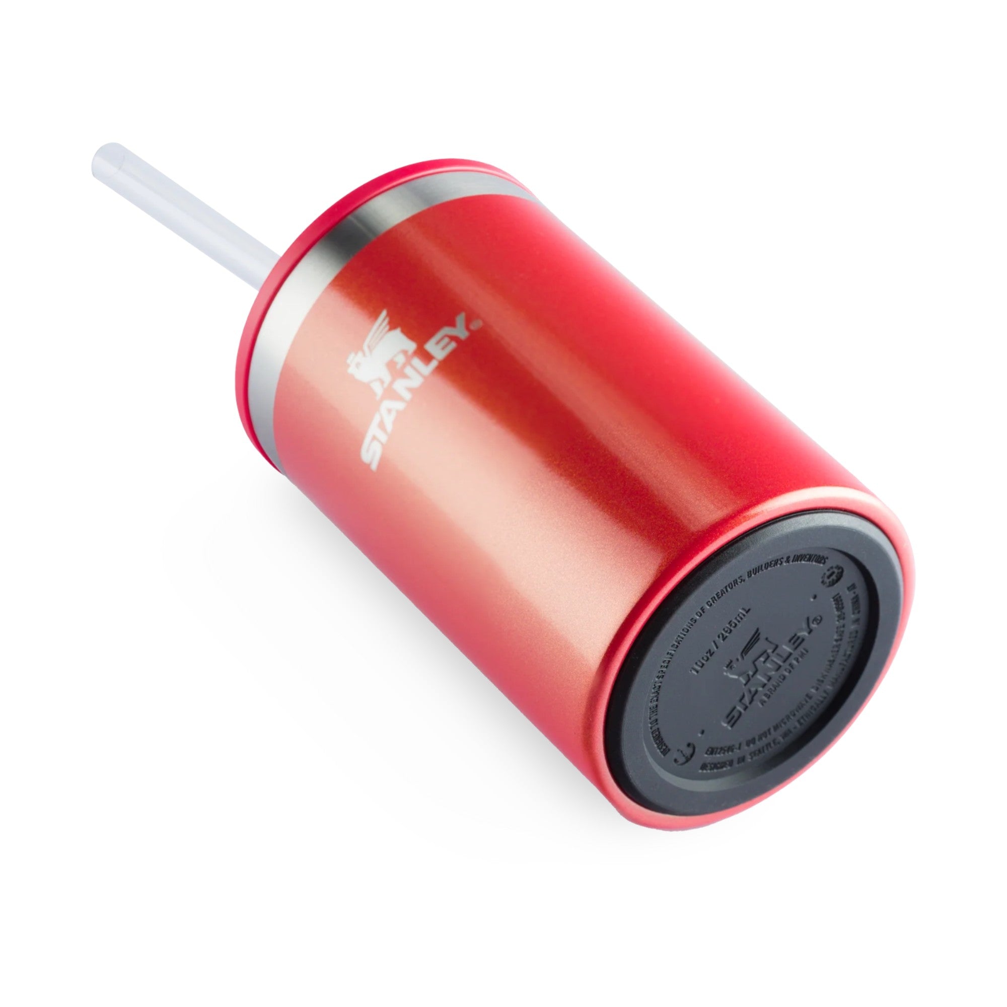 Can Cooler com canudo Stanley | 296ML em vermelho com canudo e base de aço inoxidável.