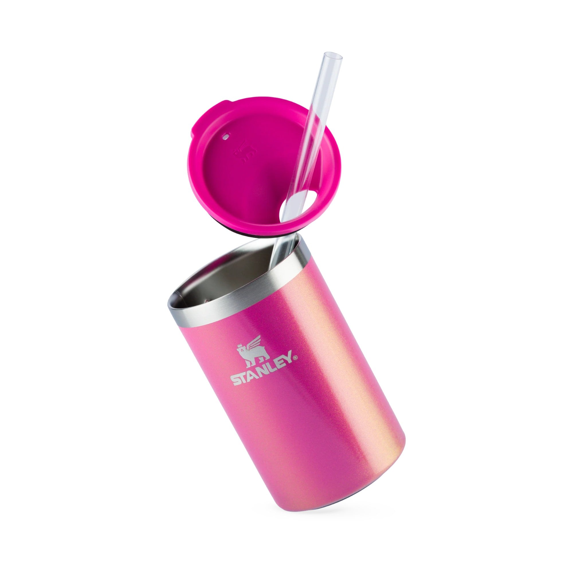 Can Cooler com canudo Stanley | 296ML em tom rosa brilhante com tampa e canudo.