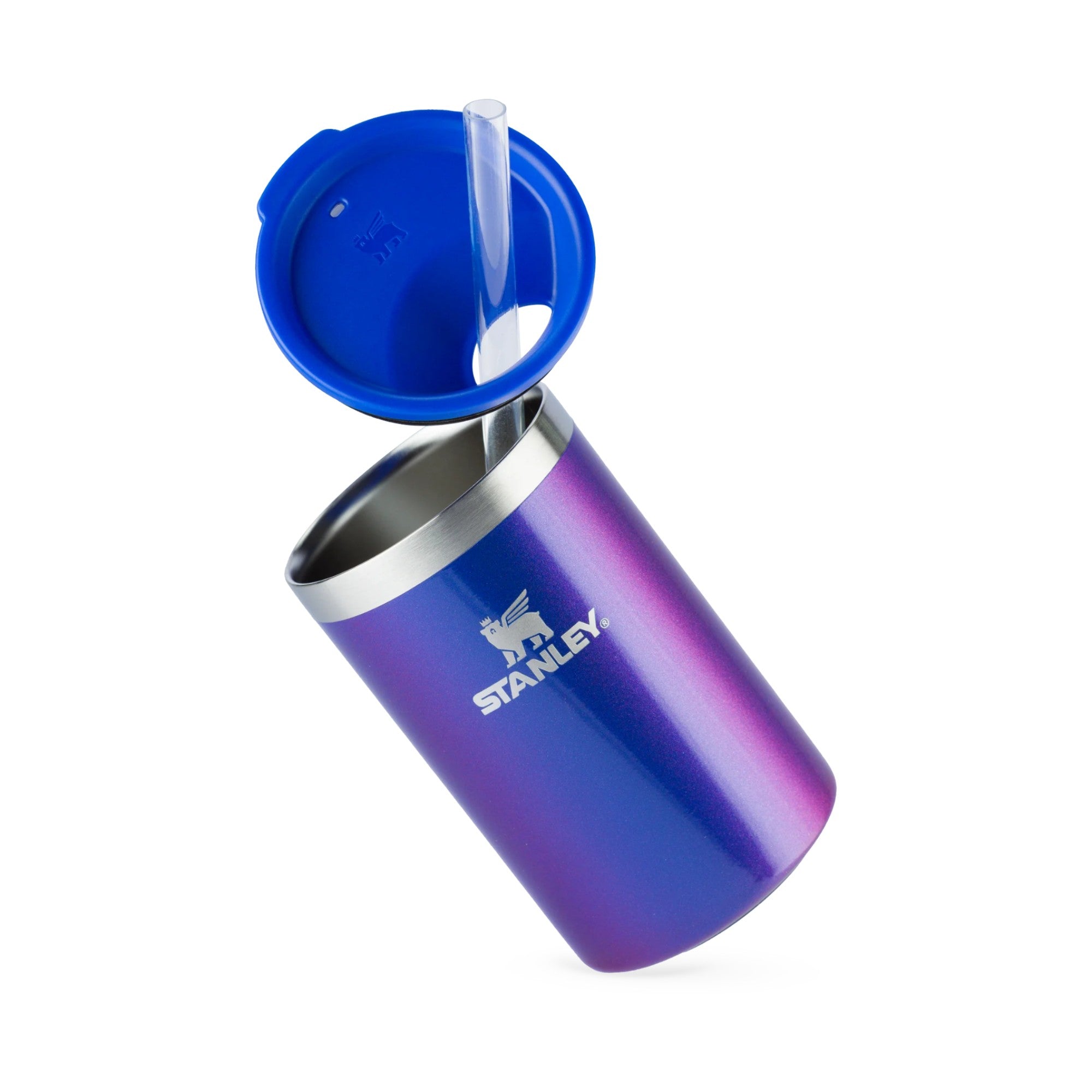 Can Cooler com canudo Stanley | 296ML em aço inoxidável com tampa azul e canudo, leve e prático.