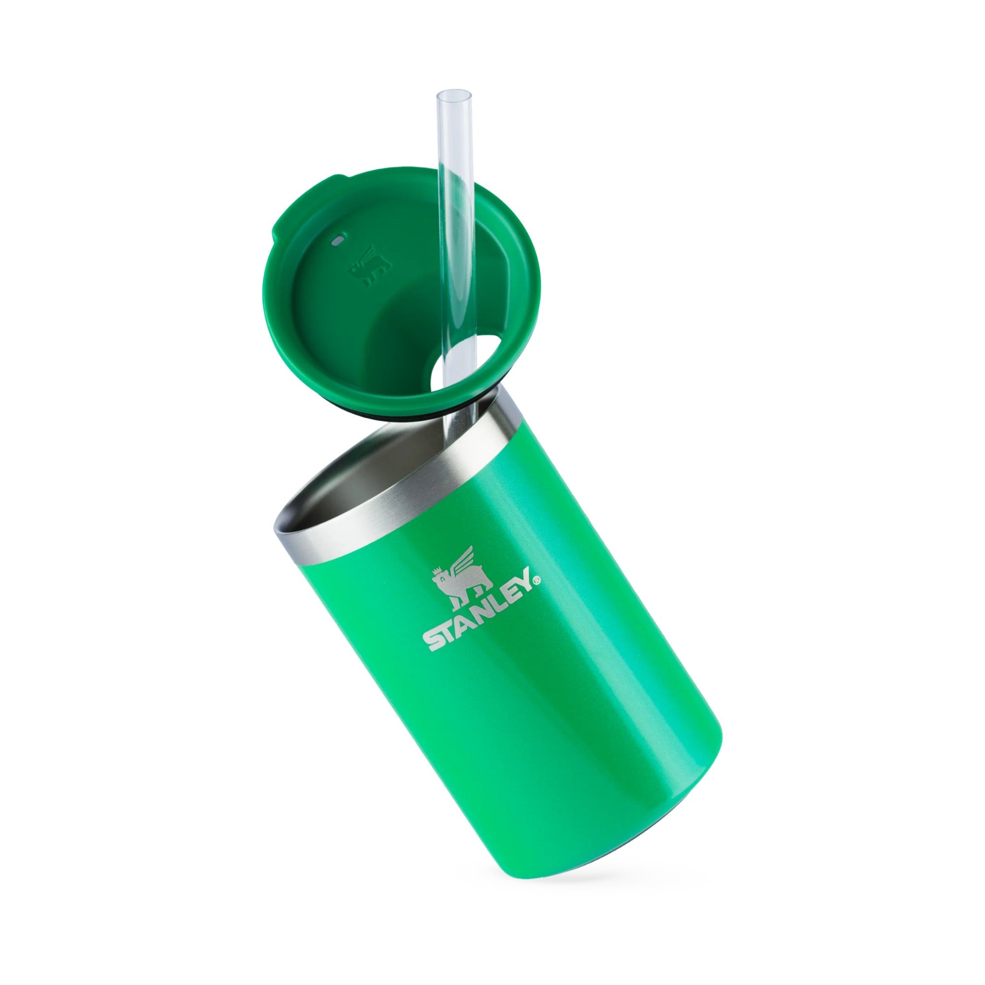 Can Cooler com canudo Stanley | 296ML em verde, feito de aço inoxidável, ideal para bebidas em movimento.