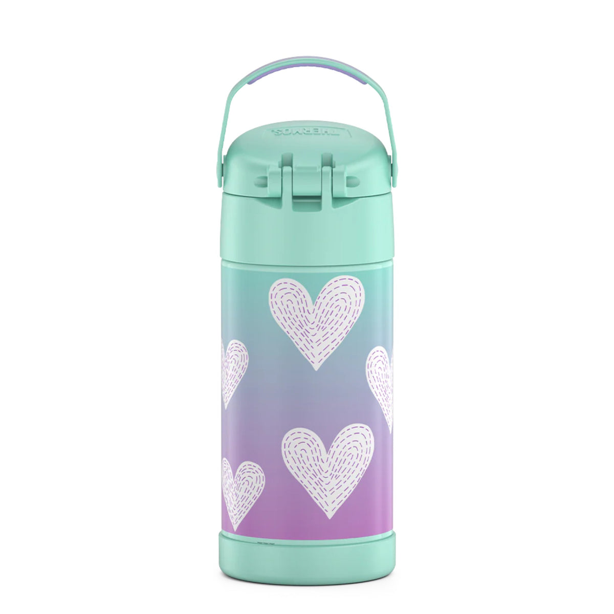 Garrafa Térmica Funtainer Thermos - 355ml com decoração de corações, ideal para manter bebidas geladas por até 12 horas, em aço inoxidável.