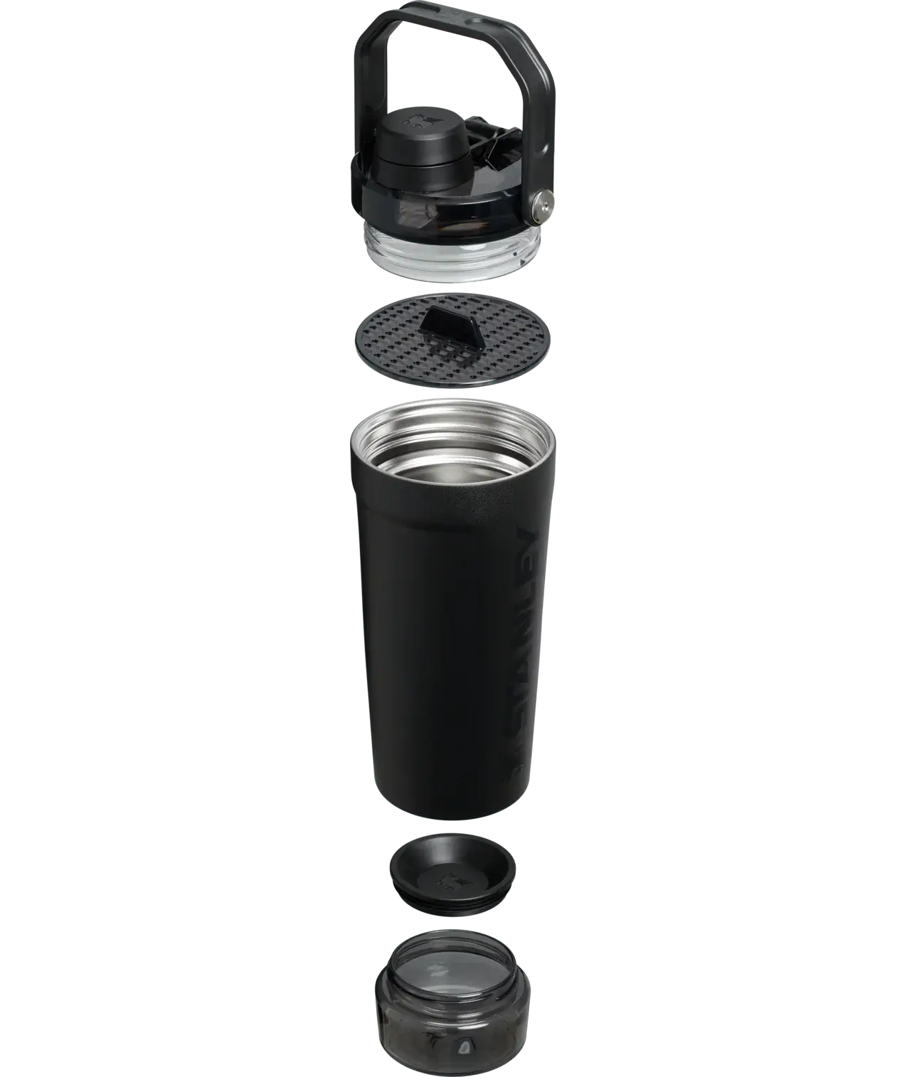 Activate Shaker Stanley | Coqueteleira 591ml com tampa e peneira desmontadas em fundo branco.