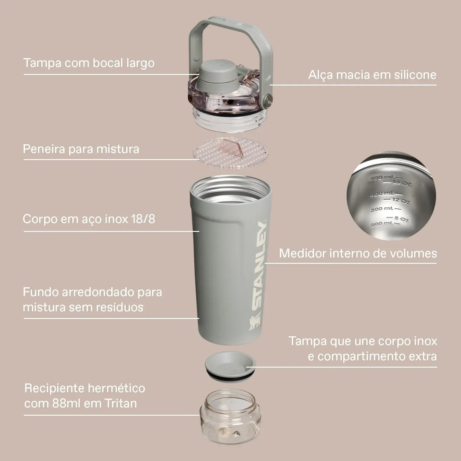 Active Shaker Stanley | Coqueteleira 591ml desmontada com detalhes das partes: tampa, peneira, corpo em aço inox, e recipiente Tritan.