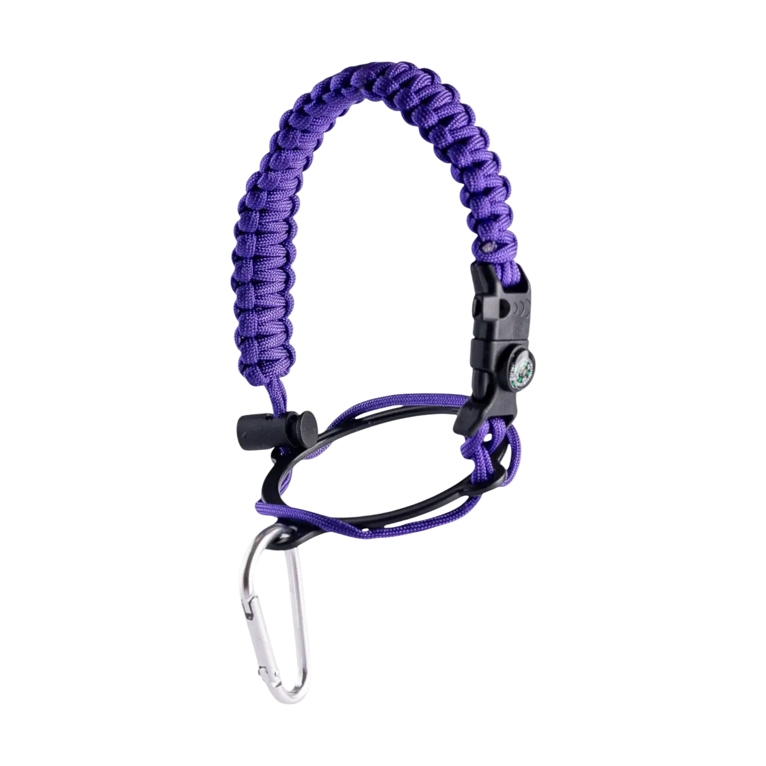 Alça para Garrafa Térmica de Mão em paracord roxo com bússola e apito para aventuras seguras e práticas.