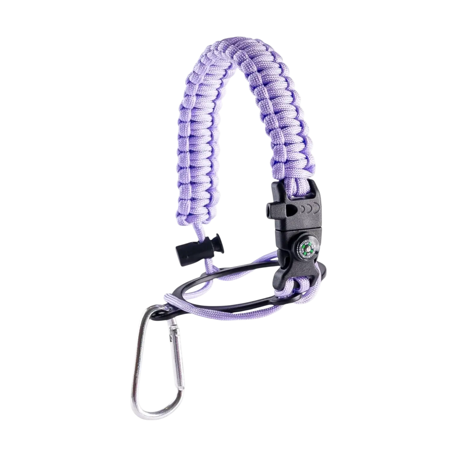 Alça para Garrafa Térmica de Mão com Paracord, bússola, apito e pederneira em nylon resistente para aventuras seguras.