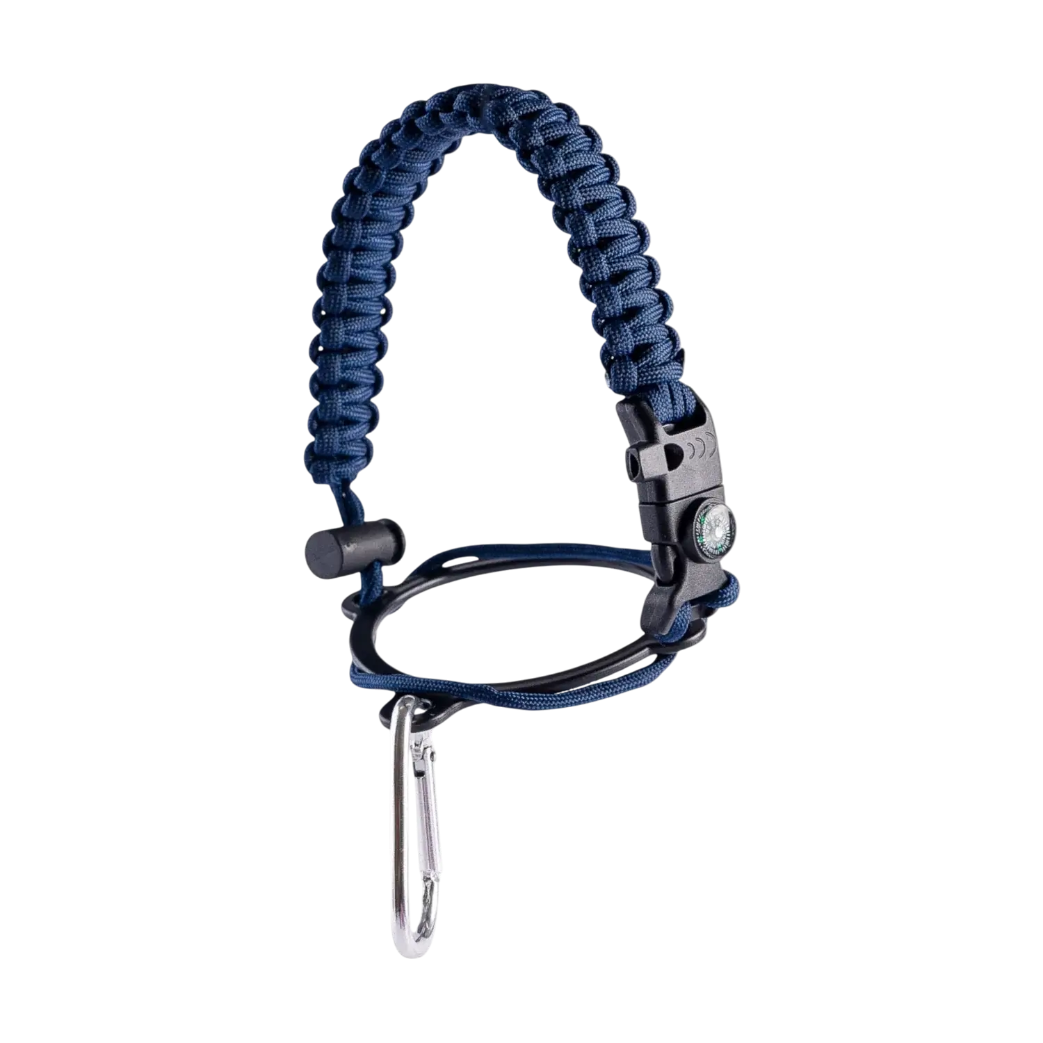 Alça para Garrafa Térmica de Mão com bússola, apito e pederneira em paracord azul para aventura e sobrevivência.