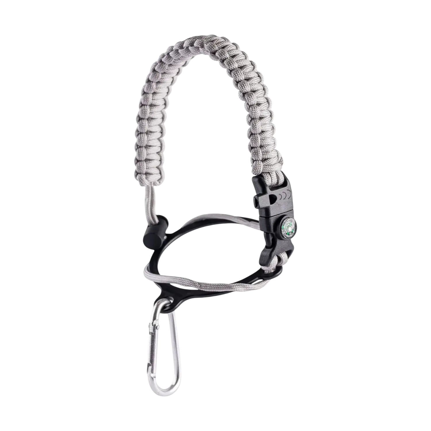 Alça para Garrafa Térmica de Mão com Paracord, bússola e apito, ideal para aventuras e segurança em atividades ao ar livre.