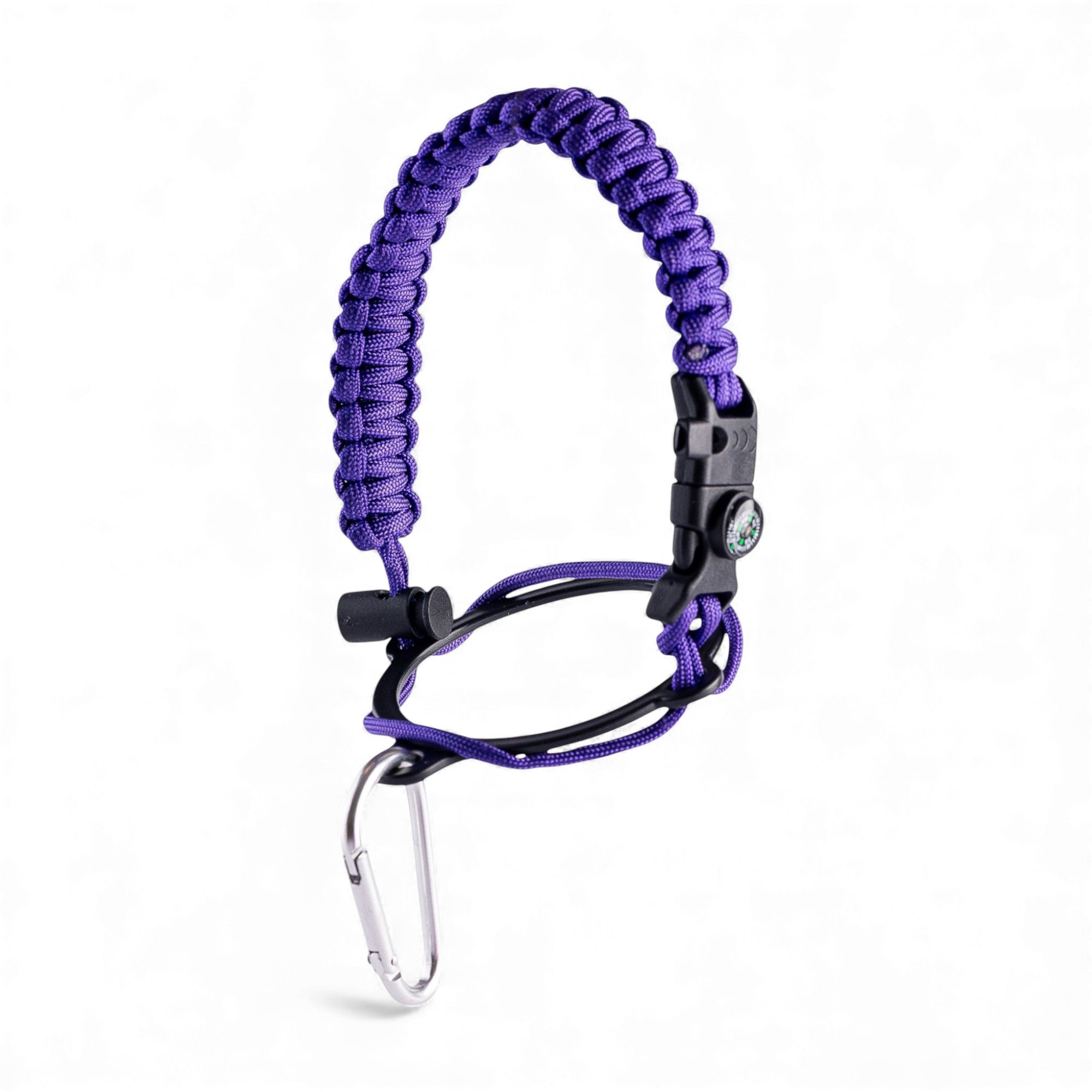 Alça para Garrafa Térmica de Mão em paracord roxo com bússola, apito e pederneira, ideal para aventuras ao ar livre.