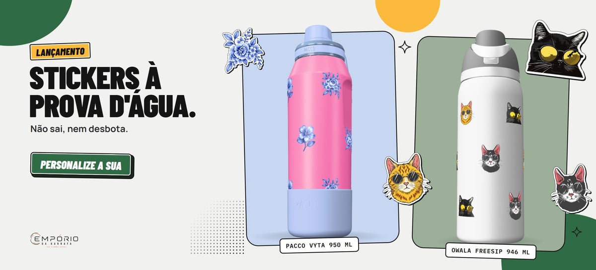 Lançamento: stickers à prova d'água, não sai nem desbota. PACCO Vyta 950 ml com florais azuis e Owala FreeSip 946 ml com gatinhos, banner desktop