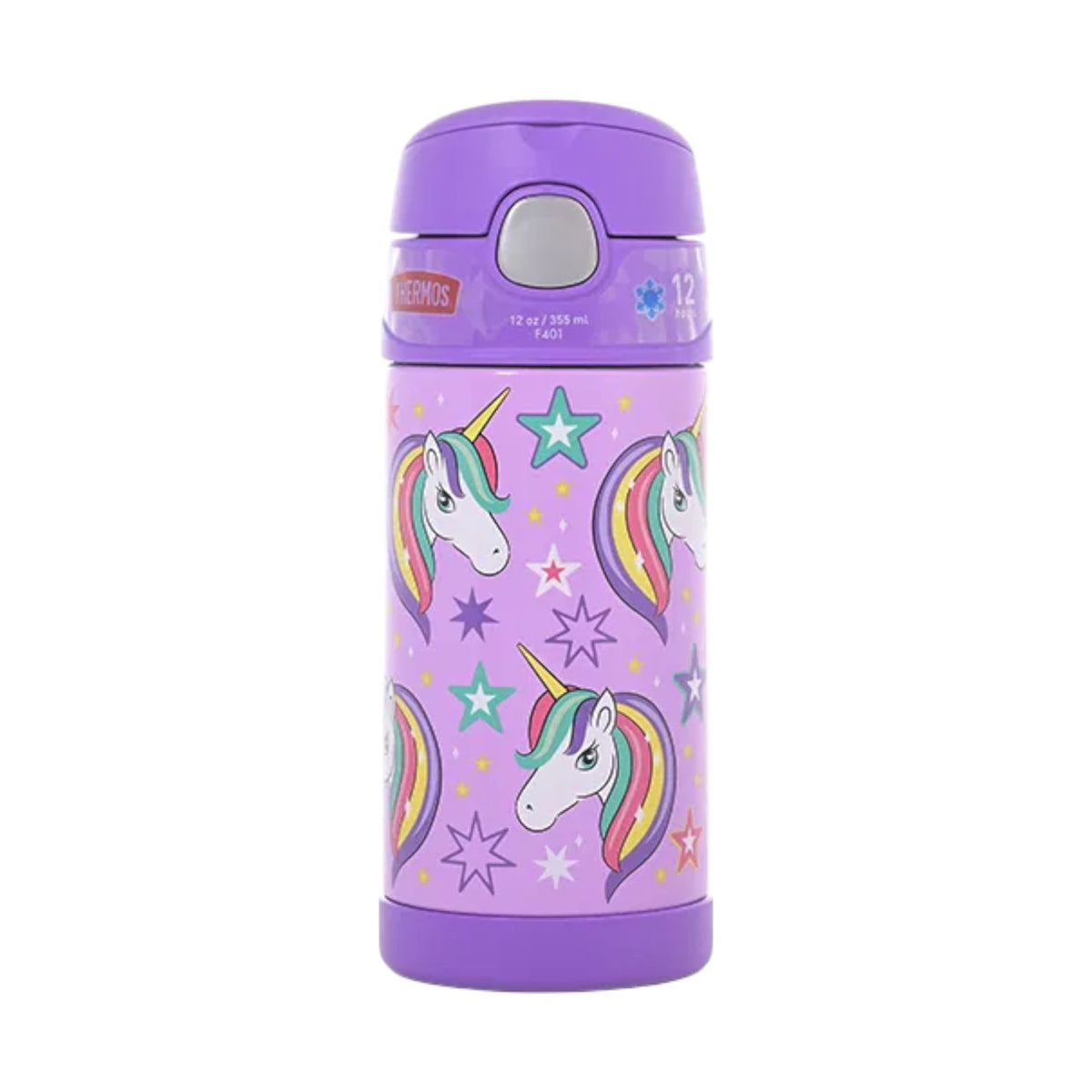 Garrafa Térmica Funtainer Thermos - 355ml com design de unicórnios coloridos, mantendo bebidas geladas por até 12 horas.