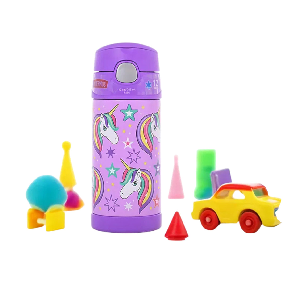 Garrafa Térmica Funtainer Thermos - 355ml com design de unicórnio, isolamento a vácuo e canudo retrátil, ideal para crianças.