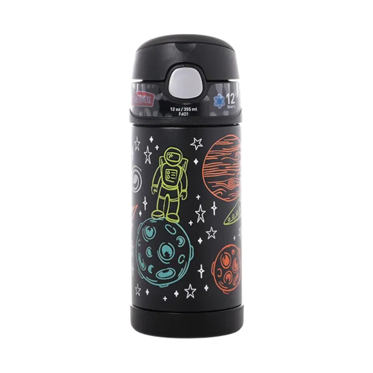 Garrafa Térmica Funtainer Thermos - 355ml com design espacial, isolamento a vácuo para manter bebidas geladas por até 12h.