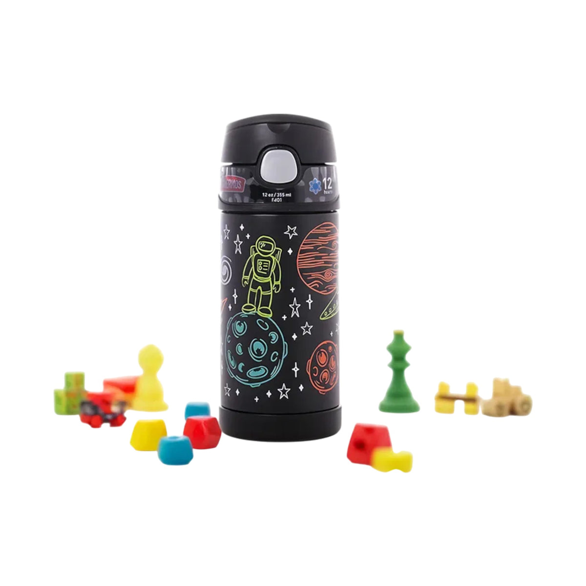 Garrafa Térmica Funtainer Thermos - 355ml com design espacial e isolamento a vácuo, cercada por peças coloridas de brinquedo.