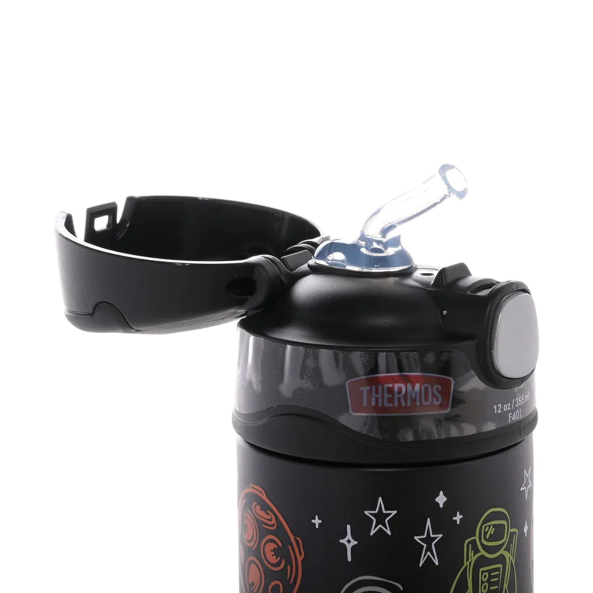 Garrafa Térmica Funtainer Thermos - 355ml com canudo retrátil e tampa aberta, ideal para manter bebidas geladas por até 12 horas.